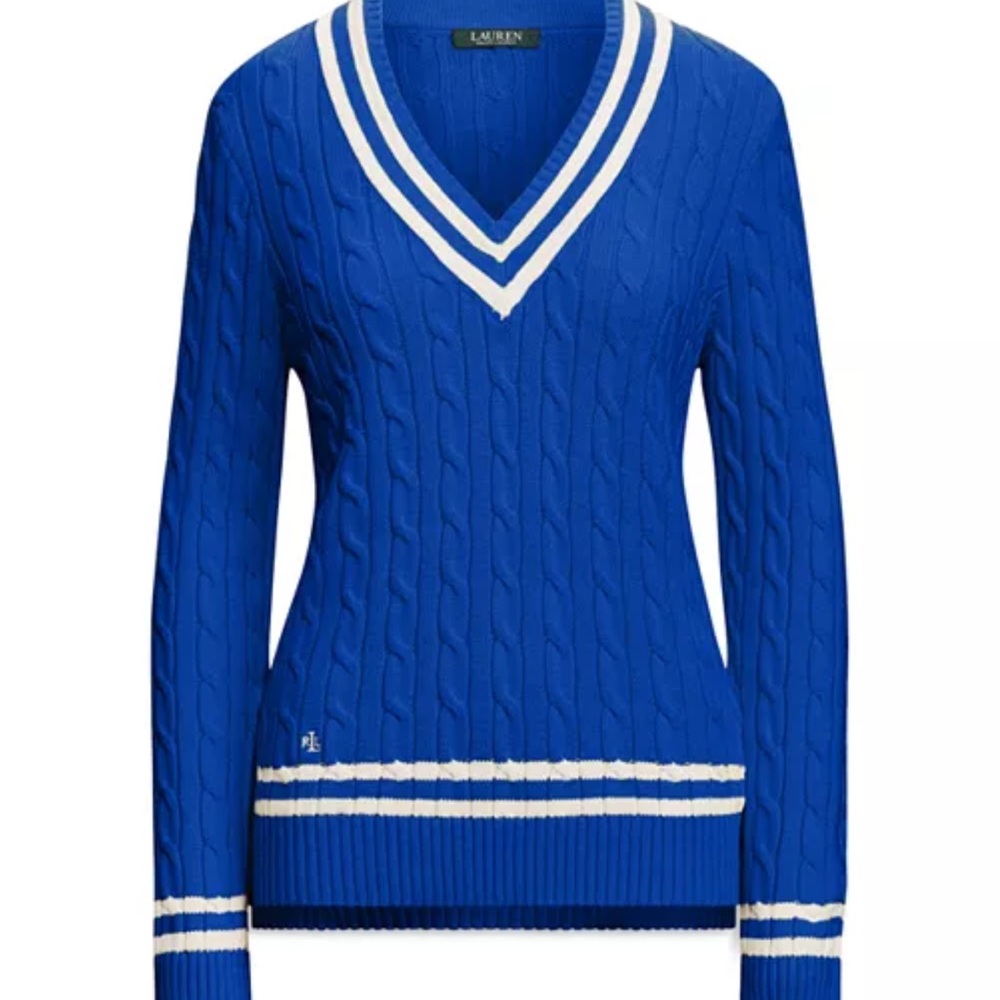 Ralph Lauren Cable Knit Cricket Blue V-Neck Sweater, XS